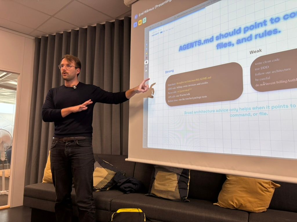 Emil presenting at the Agentics Foundation Meetup in Malmö
