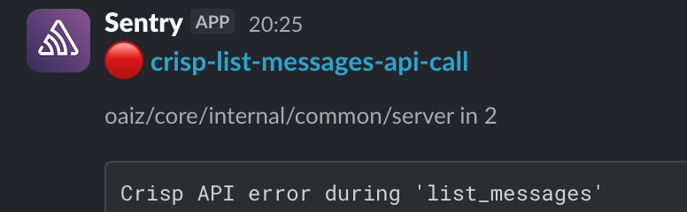 Sentry alert arriving in Slack for a Crisp list messages API error